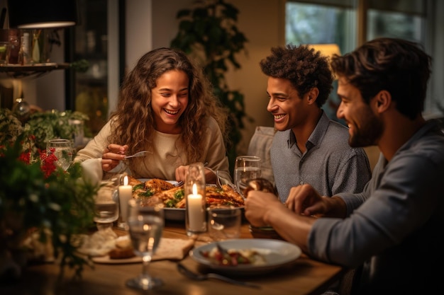 Die Familie versammelte sich um einen Kamin und öffnete Geschenke