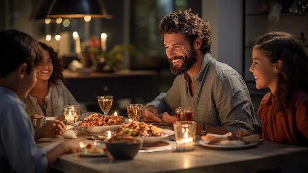 Die Familie versammelte sich um einen Kamin und öffnete Geschenke