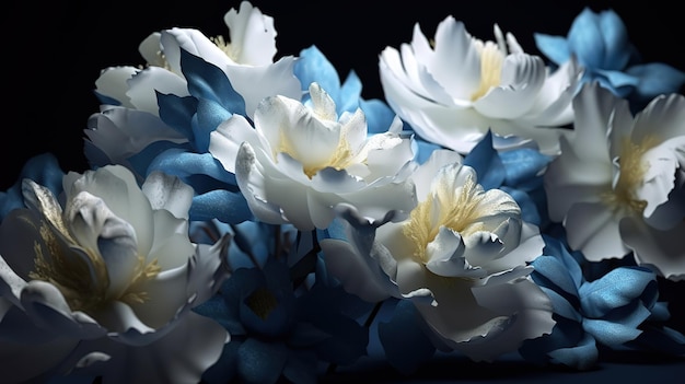 Die fantasievollen weißen und blauen Blumen schließen sich in leuchtende Farben. Generative KI