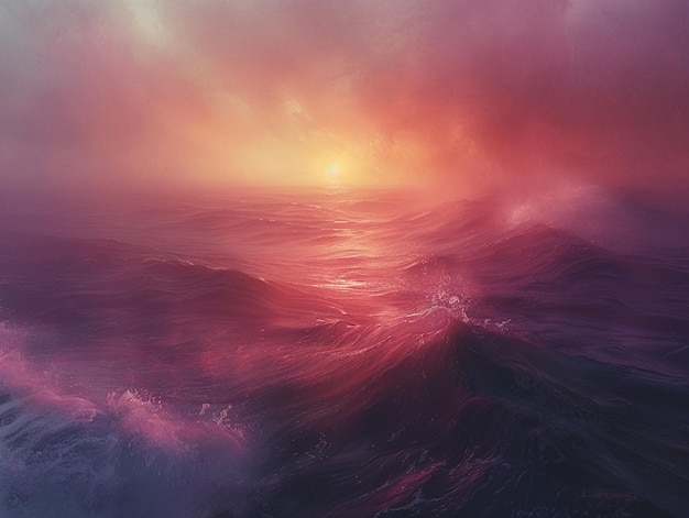 Die Farben des Sonnenuntergangs werfen einen warmen Glanz auf die ruhigen Wellen des Ozeans. Das verblassende Licht verschwimmt in das ruhige Meer.