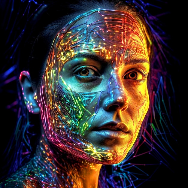Die farbenfrohe digitale Frau mit Drahtgesicht auf dunklem Hintergrund