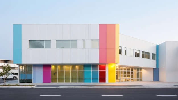 Die farbenfrohe Fassade eines modernen Gebäudes vor dem blauen Himmel