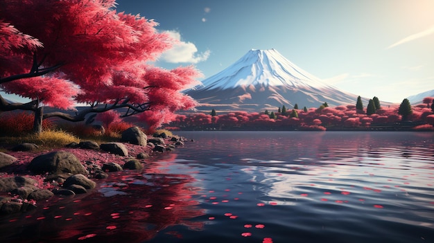 Die farbenfrohe Herbstsaison und der Berg Fuji mit Morgennebel und roten Blättern am Kawaguchiko-See sind eins davon