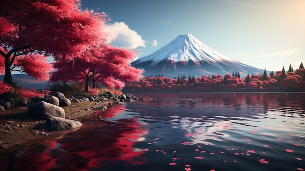 Die farbenfrohe Herbstsaison und der Berg Fuji mit Morgennebel und roten Blättern am Kawaguchiko-See sind eins davon