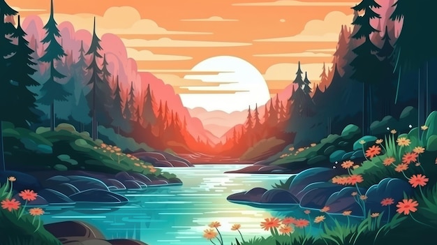 Die farbenfrohe Sommervorlage mit Blick auf den fließenden Fluss im Wald Illustration Generative AI