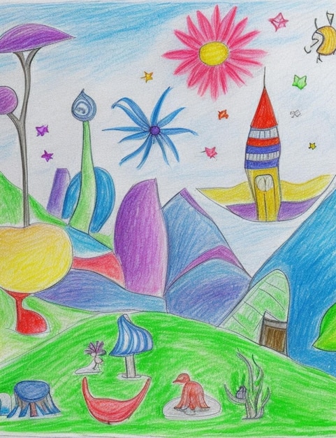 Die farbenfrohe, wundervolle Zeichnung eines Fünfjährigen einer magischen Welt