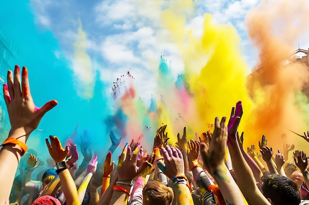 Foto die feiernden heben während des holi ihre hände und werfen buntes pulver