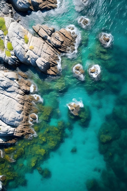 Die Felsküste in der Nähe des reinen, wellenförmigen blauen Wassers