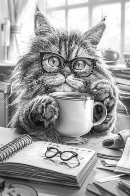 Foto die figur der katze sitzt an einem tisch mit einem kaffeeglas und zeichnet mit bleistift.