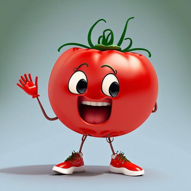 Foto die figur einer süßen, lustigen tomate hat zwei dünne beine, trägt einen kochi und hebt ihre hand zum himmel