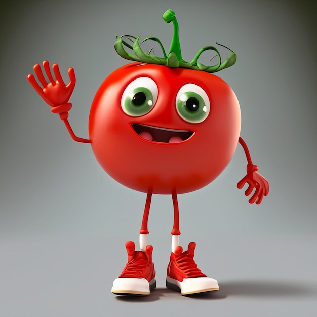 Foto die figur einer süßen, lustigen tomate hat zwei dünne beine, trägt einen kochi und hebt ihre hand zum himmel