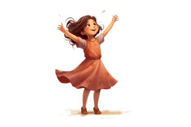Die Figur eines kleinen Mädchens tanzt und dreht sich mit ausgestreckten Armen auf weißem Hintergrund. KI generiert