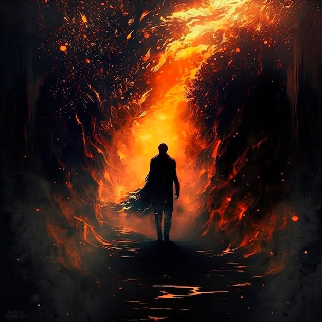 Die Figur eines Mannes auf dem Hintergrund einer Flamme