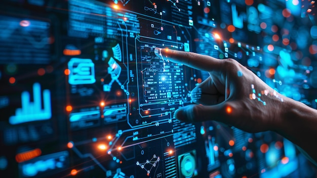 Die Finger weisen auf den Hintergrund der künstlichen Intelligenz, zukünftige Wissenschaft und Technologie, Daten, Big-Data-Serverraum.