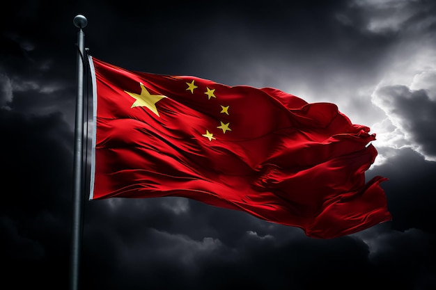 Die Flagge Chinas auf dem Hintergrund des Himmels. Die Flagge flattert im von der KI erzeugten Wind