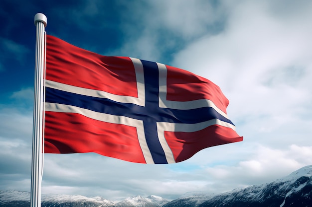 Die Flagge Norwegens vor dem Hintergrund der norwegischen Natur. Die Flagge weht im WindAI-Generator