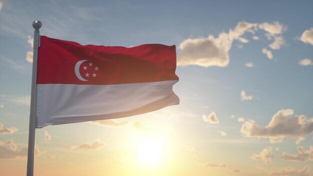 Foto die flagge singapurs schwingt im wind gegen einen tiefen schönen himmel beim sonnenuntergang 3d-illustration