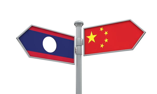 Die Flagge von China und Laos bewegt sich in verschiedene Richtungen 3D-Rendering