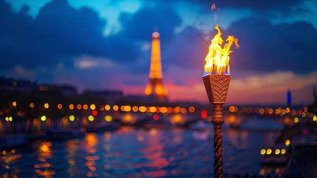 Foto die flamme der olympischen spiele 2024 in paris brennende fackel und eiffelturm