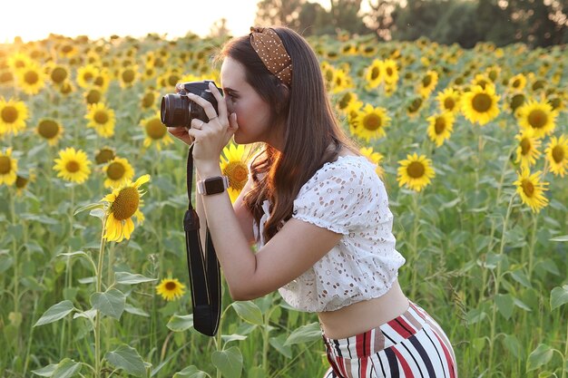 Die Fotografin fotografiert in der Natur, die Fotografin fotografiert ein wunderschönes Sonnenblumenfeld bei Sonnenuntergang. Hochwertiges Foto