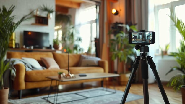 Die Fotokamera befindet sich im modernen Wohnzimmer mit bequemem Sofa. Die Kamera ist bereit für die Aufnahme eines Blogs.
