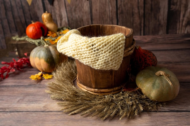 Die Fotozone ist mit Herbstlaub und Kürbissen geschmückt. hintergrund für herbstfotoshootings helo