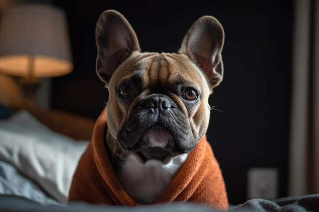 Die französische Bulldogge, die auf dem Bett sitzt und den Rahmen inspiziert