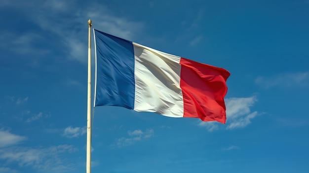 Die französische Nationalflagge schwingt an einem klaren, sonnigen Tag gegen den hellen blauen Himmel