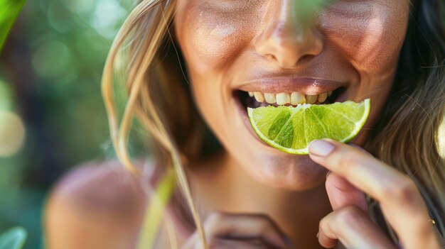 Foto die frau lächelt, während sie die limette isst, glücklich mit der würzigen frucht.