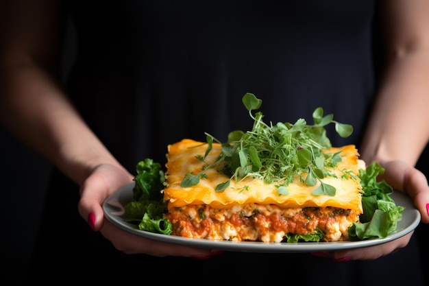 Die Frau legt Lasagne auf den Teller