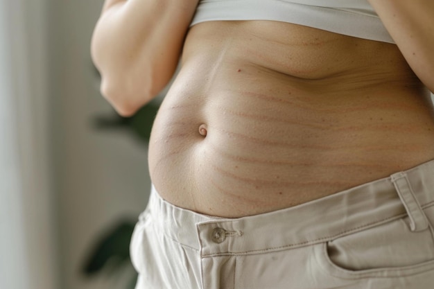 Die Frau testet die Haut auf seinem Bauch auf das Vorhandensein von Dehnungsspuren