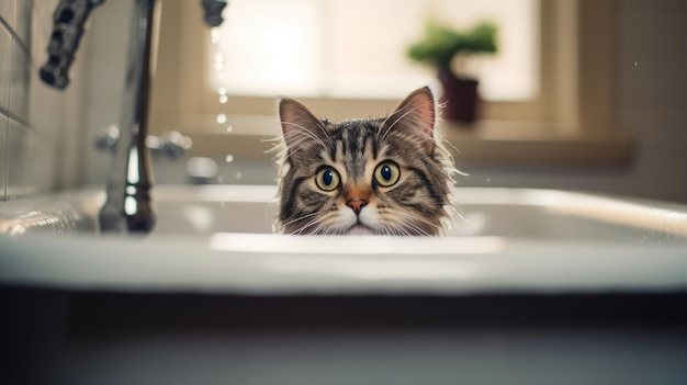 Die freche Katze schwimmt in einer leeren Badewanne