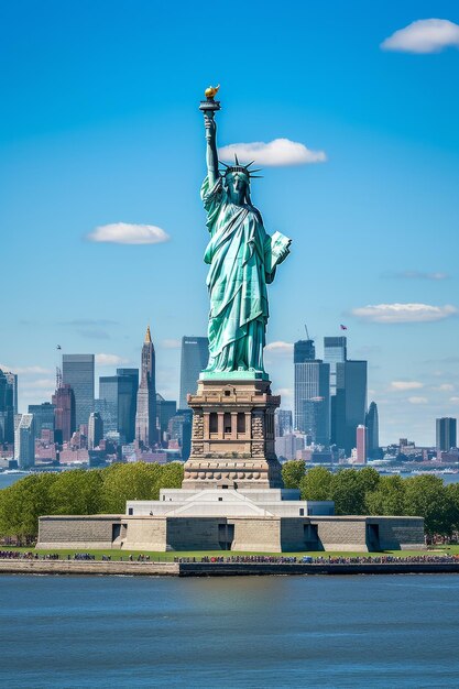 Die Freiheitsstatue in New York City mit der Skyline von Manhattan im Hintergrund