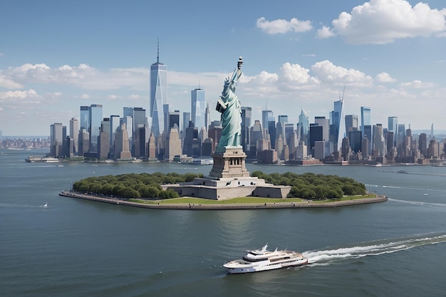 Die Freiheitsstatue mit dem One World Trade Center im Hintergrund, Wahrzeichen von New York City, USA