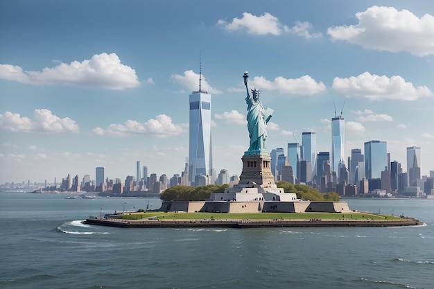 Die Freiheitsstatue mit dem One World Trade Center im Hintergrund, Wahrzeichen von New York City, USA