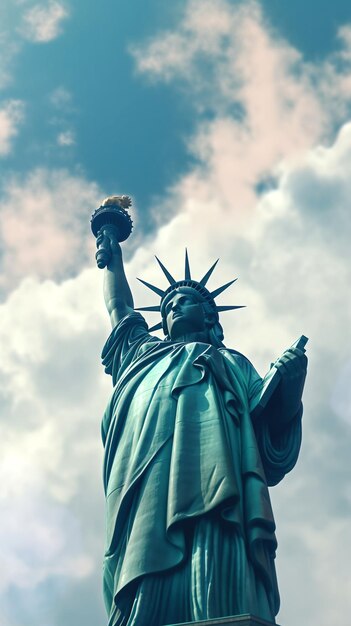 Die Freiheitsstatue wird von einer Kerze unter blauem Himmel beleuchtet