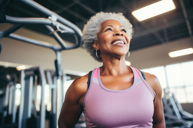 Die Freude am Leben Porträt einer älteren lächelnden Frau im Fitnessstudio fiktive Person ai erzeugt