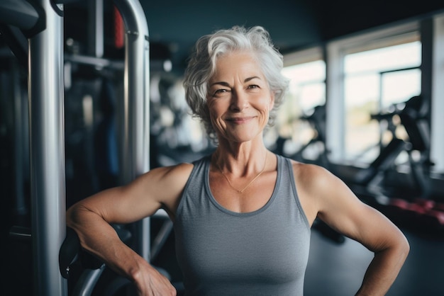 Die Freude am Leben Porträt einer älteren lächelnden Frau im Fitnessstudio fiktive Person ai erzeugt