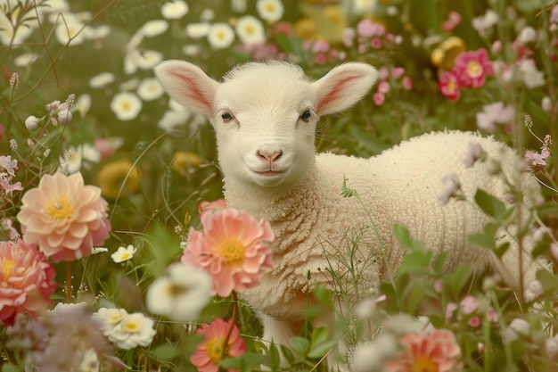 Die Freude des Frühlings Ein junges Lamm verkörpert den Geist der Erneuerung inmitten eines Feldes voller Blumen