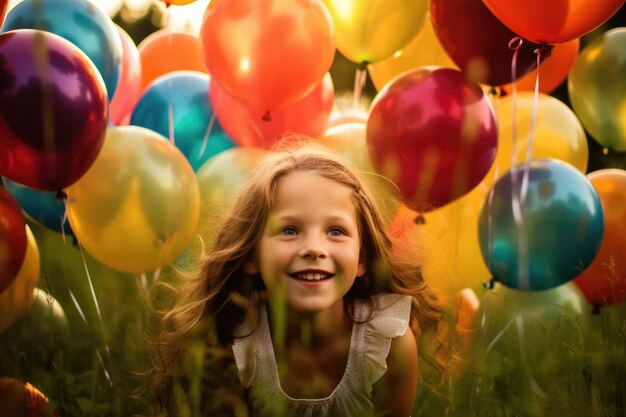 Die Freude und Aufregung eines Mädchens, das auf einem Feld mit bunten Ballons spielt, in einer Nahaufnahme Generative KI