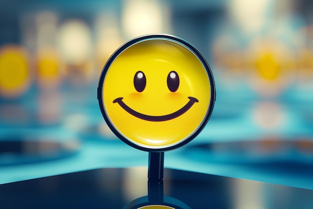 Foto die freude vergrößern, die zufriedenheit und den ruf der kunden durch ein smiley-ikon in einem glas enthüllen