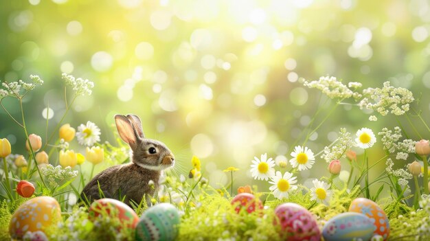 Die freudige Ostertradition Eier Kaninchenblüten in farbenfroher Szene