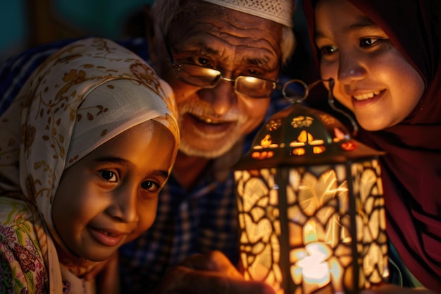 Die freudigen Gesichter einer Familie, die vom Ramadan-Lampenlicht beleuchtet werden