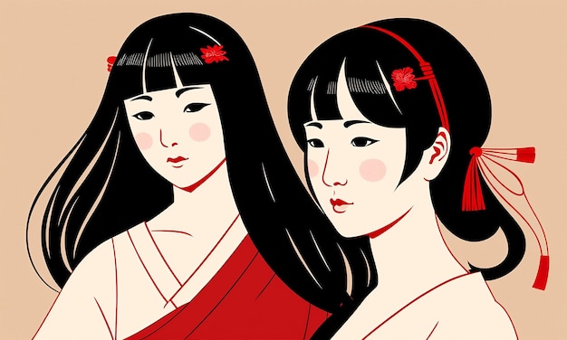 Die Freundschaft Eine grafische Illustration zweier Frauen in Kimonos