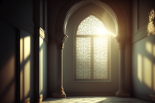 die friedliche Schönheit einer islamischen Moschee, die vom Sonnenstrahl durch das Fenster beleuchtet wird
