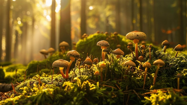 die Frischheit gesunder Pilze inmitten des üppigen, von der Sonne bedeckten Nadelwalds in einem Panoramablick