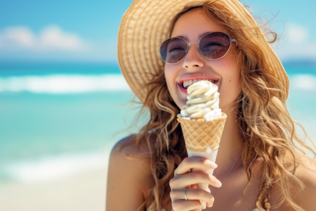 Die fröhliche Dame genießt Eis während des Rückzugs am Sonnenstrand