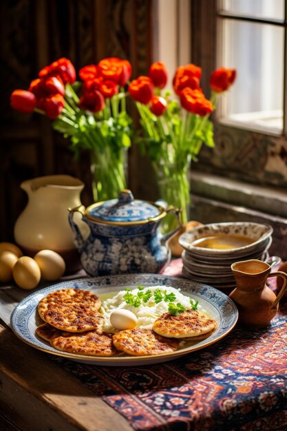 Foto die früh morgendliche vorbereitung eines nowruz-frühstücks