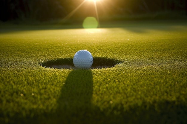 Die frühe Morgensonne beleuchtet den Golfball, während er in das Loch im gepflegten Gras fliegt