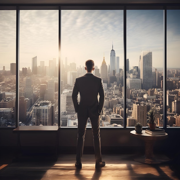 Die Führungskraft blickt vom Fenster aus auf den Sonnenuntergang über der Stadt im Inneren des Büros, das durch künstliche Intelligenz erzeugt wird